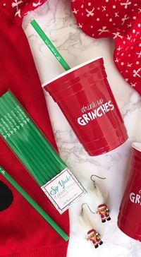 Ugly sweater party idea - "drink up grinches" party cup + "let's get elfed up" straws from The Pursuit of Cocktails #pursuitofcocktails #uglychristmassweater #grinch