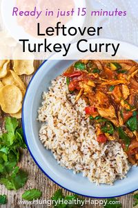 Ready in just 15 minutes, this Leftover Turkey Curry recipe is a great way to use up leftover turkey from Christmas or Thanksgiving. Not only does it use leftover turkey, but you can add any leftover vegetables to it too. A really easy and healthy curry dish, that is packed with flavour, and uses ingredients you most likely have in your cupboard right now. You can easily use left over chicken, or cook some chicken/turkey fresh for this dish too. #curry #leftovers #christmas #turkey #healthy