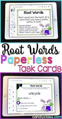 These root word digital task cards are handy for teaching this important vocabulary concept. Includes interactive anchor chart and optional recording sheets. You can also use paperless. Use with Google Classroom or Google Drive apps. Ideal for the 2nd grade classroom, but can be used in first grade or 3rd grade elementary classes too. Use as ELA center activities or another idea is to use on a Smartboard as a quiz game.