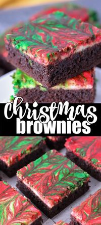 Christmas Brownies are a festive and delicious way to celebrate the season. A from-scratch brownie layer topped with a red & green swirled cream cheese layer come together to make a rich brownie that will make kids and adults happy. | www.persnicketyplates.com