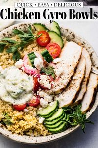 Chicken Gyro Bowls with tzatziki sauce turn your favorite traditional Greek sandwich into a quick, healthy dinner. Lots of yummy gyro toppings piled on a bed of fluffy quinoa. // greek chicken // meal prep