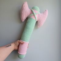 crochet amigurumi battleaxe for cosplay, Dungeons & Dragons, Ren Faire, kids, stuffed animal, medieval weapon, cottagecore, pastel goth, soft sculpture