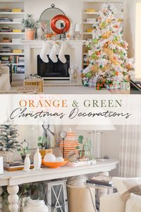 Orange and green Christmas decorations look so vibrant on my white flocked Christmas tree. See the full home tour on the blog.