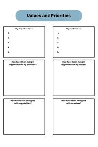 This transformative activity is designed to guide you towards becoming aware and aligned with your core values and priorities in life. In a world filled with distractions and demands, it's easy to lose sight of what truly matters to us. But fear not! This worksheet provides a structured framework for deep introspection, allowing you to explore and identify the values and priorities that resonate with your authentic self.