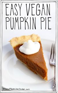 Easy Vegan Pumpkin Pie. All you do is add the ingredients to a blender, blend, pour into pie shell, and bake! No one will know it's vegan!