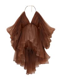 The Natura Gathered Top in Toffee from our Spring 2024 Collection, Natura. A heavily gathered silk organza top featuring a plunging neckline, a high-low hemline and adjustable halter neck strap with a chain detail.