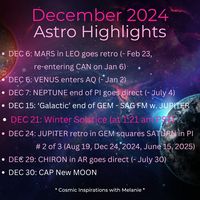 Check out that cosmic line-up of DECEMBER! 💜♐️🌑🌙💫 ♊🌕♑🌑✨  Framed by two New Moons (CST and east of), starting with the SAG New MOON (not listed, since the line-up is PST based), with the 'Galactic' Full MOON (Dec 15) in-between.  The JUPITER - SATURN square on Christmas Eve(!) is the most significant alignment of Dec.  The Nov 30 / Dec 1 New Moon is a catalyst for the Turnaround month of December, from retro to direct = from old patterns / inner processes with them to external expressions.  Lots of momentum is starting to happen, into the New Year!  #December2024 , #sagittariusseason, #newmoon, #fullmoon, #wintersolstice, #CapricornSeason,#astro, #astrology, #astrologyposts, #astrologyreadings, #astroweather, #astrologer