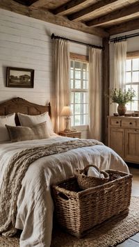 Create a charming French farmhouse bedroom with weathered wood finishes, cozy textiles, and neutral tones. Perfect for a warm and inviting retreat. #FrenchFarmhouseBedroom #RusticBedroomInspo #CozyDecorIdeas