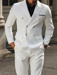 Men's Fashionable Casual Solid Color Lapel Neck Long Sleeve Jacket And Trousers Suit Set , Men Two Piece Outfits ,Business Banquet White Suit Set White Work    Plain  Non-Stretch  Men Clothing, size features are:Bust: ,Length: ,Sleeve Length: