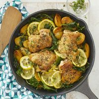 This easy one-pan skillet-roasted lemon chicken is perfect for weeknight dinners. Juicy chicken thighs are cooked in the same pan as baby potatoes and kale for a satisfying meal with the added bonus of minimal cleanup.