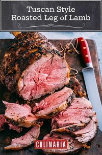 This unbelievably tender Tuscan syle roasted leg of lamb is rubbed with a garlic, rosemary, and olive oil paste. It's a celebration-worthy main dish, perfect for the holidays. #lambrecipes #easterrecipes #legoflamb #italian