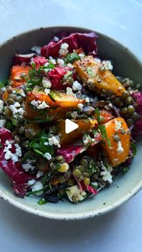 Beth Adamson on Instagram: "Honey mustard roast roots with lentils & goat cheese. All about the winter salads. 

Recipe 
Makes 2 portions 
2 carrots, 2 parsnips, half a swede. Use any root veg you like. any particularly thick skins peeled off, cut into thumb sized pieces 
1 red onion, peeled and cut into wedges
200g cooked lentils 
1 tbsp runny honey 
1 tbsp wholegrain mustard 
A couple sprigs thyme
A handful torn radicchio, washed 
1 tbsp chopped and washed parsley
Crumbled goat’s cheese 
Oil, salt & pepper 

1. Mix together the roots, onion, oil, thyme, salt and pepper on a metal baking sheet. Roast at 180c until just tender, stir in honey and return to the oven for 5-10 mins until golden
2. Discard and thyme stalks. Stir in the mustard, parsley, radicchio, lentils and goat’s cheese"