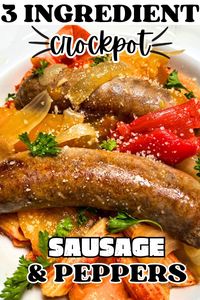 This easy Crockpot Sausage and Peppers recipe is a simple and flavorful dinner that's perfect for any occasion! This three-ingredient lunch or dinner option is great for busy summer weeknights. This easy recipe only needs 10 minutes of prep and your slow cooker! Grab your ingredients and throw this delicious dinner in your crock pot today!