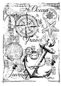 Another beautiful grungy looking stamp is this Nautical Collage stamp from Creative Expressions. It is part of the Woodware Clear Singles collection. This stamp has everything nautical on it, an anchor, compass, starfish, shells, and much more embedded behind these images. This stamp is made of clear photopolymer and will adhere to an acrylic block (sold separately). This stamp can be used with your favorite inks, markers, paints, embossing powders, and other crafting mediums (all sold separatel