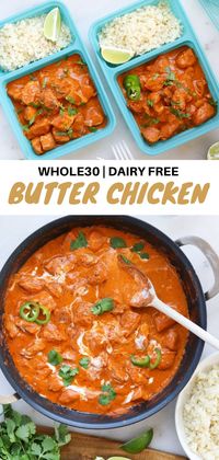 This Low Carb and Whole30 Butter Chicken is perfect for a weeknight dinner, entertaining friends, or even your weekly meal prep! Because it’s made with ghee and coconut cream and served with cauliflower rice, it’s also Paleo, grain free, and gluten free! #cookathomemom