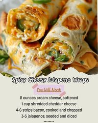 8 ounces cream cheese softened 1 cup shredded cheddar cheese Dissolve cheese in microwave or oven. Mix well. Add jalapeno for spice. Wrap in tortilla. Fold and serve. #CheesyDelights #JalapenoWraps #SpicySnacks #EasyRecipe