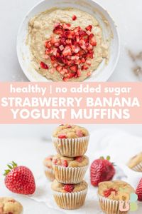 These tender, not-too-sweet strawberry banana yogurt muffins celebrate sweet strawberry season without the added sugar. You can feel good about giving these healthy strawberry muffins to the babies and toddlers 6 months and up!