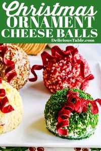 4 Cheese Ball Recipes for Christmas appetizers, New Years' Eve appetizers, holiday appetizers, and party food that look like tree ornaments! White Cheddar Rosemary Pomegranate, Cheddar Pimiento, Garlic Chive Goat Cheese, and Blue Cheese Cranberry-Pecan.