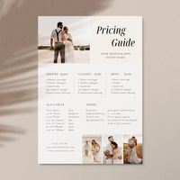 This is the perfect pricing list template to showcase your photography and present your pricing and session info. It is INSTANT DOWNLOADABLE and FULLY EDITABLE in Canva. No need for Acrobat, Word, or the installation of any fonts. 🌟 WHAT'S INSIDE? One PDF with a link to the 1-page photography pricing list template (available in US Letter & A4 size) 🌟 WHAT CAN YOU EDIT? Everything! - Text (content, format, size, color, style) - Photos - Background color - Move and scale elements 🌟 HOW IT WORKS