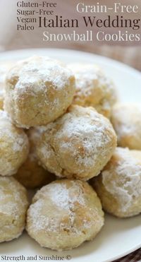 Grain-Free Italian Wedding Snowball Cookies (Gluten-Free, Vegan, Paleo) | Strength and Sunshine @RebeccaGF666 Snowball cookies are a classic nutty, buttery, sweet holiday dessert with many forms: Italian wedding cookies, Mexican wedding cookies, or Russian tea cakes! This almond-based recipe for Grain-Free Italian Wedding Snowball Cookies is gluten-free, vegan, paleo, and sugar-free! Just 4 ingredients, they're a healthy low-carb addition for the Christmas cookie tray! #snowballcookies