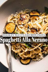 This Spaghetti alla Nerano recipe is a rich and creamy pasta made with fried zucchini and parmesan cheese. It’s a restaurant-worthy dish with gourmet flavors, but comes together in minutes! // ricetta // Stanley Tucci