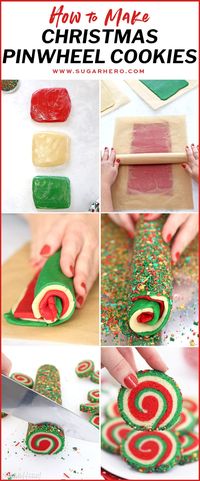 Christmas Pinwheel Sugar Cookies might be the best Christmas cookie recipe ever! They’re made with a simple sugar cookie dough, and the beautiful red, white, and green spiral design is surprisingly easy to make. #sugarhero #pinwheelcookies #christmascookies #holidaycookies