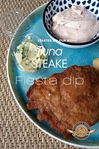 One of our starters are tuna steak with lemon garlic butter, french bread with Fiesta dip. #Tunasteak #garlicbutter #Frenchbread