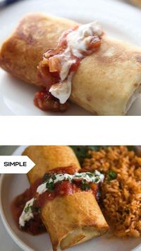 My family absolutely loves this easy Chicken Chimichangas recipe! A large flour tortilla filled with shredded chicken, refried beans, cheese, salsa and spices, rolled up like a burrito and then pan fried or baked. Served topped with sour cream, guacamole and salsa, this Mexican inspired recipe is delicious! Check it out for an easy dinner option!