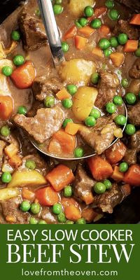 Easy slow cooker beef stew crockpot recipe. Great family meal, picky eater approved! #dinner #recipes #crockpot #slowcooker #beefstew #comfortfood #dinnerrecipe #familydinner