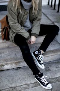 Converse + loose laces + casual feel + Lucy Williams Jacket: Anine Bing, Jumper: & Other Stories, Jeans: Acne.