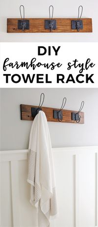 How to make a farmhouse style DIY towel rack or coat rack. This easy DIY wood towel rack adds function and pretty decor for a bathroom. Click to get the tutorial!