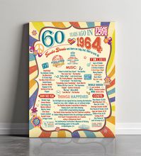 "DIGITAL PRINTABLE FILE! 60 years ago Back in 1964 Birthday Board DIGITAL PRINTABLE FILE - 16\" x 20\" size The personalized file will be sent to your email in current turnaround time. YEAR CHANGE!  This purchase includes 1964 year birthday poster. For any year change please check also the link below: https://www.etsy.com/listing/718405062/poster-year-change?ref=shop_home_active_4 Follow the steps below to make it yours! 1. Complete checkout. 2. Provide the following information you want on your card in Notes to Seller section:  Name, Date and place of birth, Your Wording for changes in sample. 3. You will receive a file for approve of your poster within the current turn around time. This file will be sent to the email on your ETSY account or the email specified in the form. 4. You will re