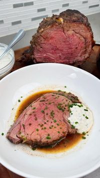 Stephanie Tea on Instagram: "Be the star of the show this Christmas or New Year’s with my recipe for Prime Rib and thank me later 🙃

➡️ Recipe: PRIME RIB
Serves 5-7
* 5-6 lb prime rib, bone-in
* ~2-3 tbsp kosher salt 
* ~2-3 tbsp black pepper
* 4-5 cloves garlic, sliced into bit chunks

* 1 stick of butter, room temp (~1/2 cup) 
* 1/2 tbsp fresh thyme, finely minced 
* 1/2 tsp smoked paprika 
* 1/2 tsp garlic powder 
* 1/2 tsp onion powder 
* 1/2 tsp kosher salt
* 1/2 tsp black pepper 

* 2 small onions, peeled and cut into quarters
* 4-5 carrots, peeled and cut into 3-4 inch pieces 
* 5 celery stalks, cut into 3-4 inch pieces 
* 1 bulb of garlic, leave peel on and slice in half horizontally 
* 7-8 sprigs of fresh thyme 

* Kitchen twine 
* Meat thermometer 

Au Jus— 
* 1/4 cup beef pan d