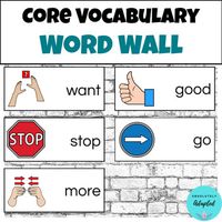 Are you looking for a way to reinforce functional vocabulary? Do you have students who use communication devices or who are learning core vocabulary? If so, these functional word wall cards are perfect for you! This set includes 44 word wall cards with common core vocabulary words, including those frequently found on core boards.Included in this resource:44 word wall cards. See preview for complete list of words included.Each card is 1/3 a sheet of paperA great way to reinorce functional vocabul