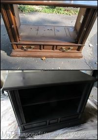 from old TV console to useful shelves..... it's very hard to seethe shelves in this photo.... see her blog post