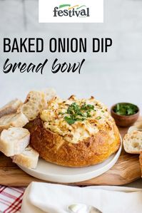 Sweet caramelized onions and creamy cheesy dip are made even better by serving it all in a bread bowl in this tasty recipe. #oniondip #breadbowl #dip