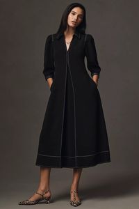 English Factory Long-Sleeve Collared Center-Pleat A-Line Midi Dress | Anthropologie