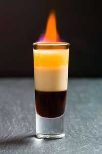 Flaming B-52 Cocktail—1 part Kahlua—1 Part Bailey’s Irish Cream—1 Part Grand Marnier