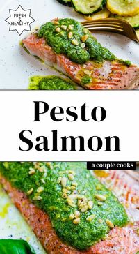 Bright green basil pesto is a natural fit with baked fish! This pesto salmon is an easy weeknight meal that also works to impress guests. #pesto #pestosalmon #salmon #easy #easypestosalmon #easydinner #quickdinner #healthydinner