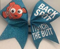 "Cheer Bow Back Spot I touch the BUTT GORGEOUS turquoise glitter (or any color on chart) by blingitoncheerbowz This listing is for a new, handmade (by me) cheer bow. It is on a thick black hair tie and is a BIG bow made on 3\" grosgrain ribbon. Measures about 7 1/2 inches across. Gorgeous My bows are professionally made with a heat press in my bow studio, NOT a hand iron, and I guarantee all bows for the current season. Even if a hair tie breaks, send it back to me and I will fix or replace it.