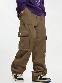 Men's Solid Color Front Tie Up Multi Pocket Casual Cargo Pants, Everyday Leisure Wear Brown Casual   Woven Fabric Plain Wide Leg Non-Stretch  Men Clothing, size features are:Bust: ,Length: ,Sleeve Length: