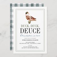 This classic "duck duck deuce" boy's end/second birthday invitation features a white background with a wild duck/mallard The reverse side features a white background with gingham /buffalo checks/plaid in blue gray. Personalize for your needs. You can find more matching products at my store.