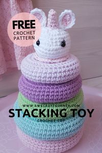 This stacking toy pattern is the perfect crochet baby toy. Soft crochet toys with 100% cotton yarn will be appreciated by any parent and child since they can be washed in 60°C and have no sharp edges. Crochet each ring in a different and fun color and the baby will love it. If you love