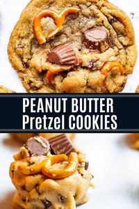 These Peanut Butter Cup Cookies with Pretzels are giant cookies and the perfect combo of salty and sweet. Loaded with mini peanut butter cup candy, mini chocolate chips and pretzels these cookies are perfect for Christmas, baby showers or a holiday treat. Step by step instructions and pictures included. #recipe #cookies #desserts