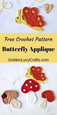 Learn how to make this beautiful crochet butterfly with heart wings! Free pattern, butterfly applique, easy crochet project, crochet crafts, perfect for any embellishment or scrapbooking. #butterfly, #crochetbutterfly, #crochetpattern, #butterflyapplique, #crochetapplique