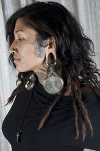 Diablo Organics Pyrite Disc Ear Weights for the elegantly hardcore Diablo Dames with stretched ears. App Conference in Vegas, 2014. Designed by Jimmy Buddha and photographed by Kelly Hawkins.