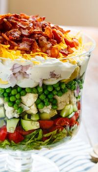 Seven Layer Salad is the perfect salad for potlucks and picnics. Easy to make ahead of time and feeds a crowd.