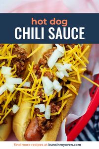 This hot dog chili is the BEST for making a chili cheese dog! The chili isn't like a traditional chili - it's a little sweet! #chili #hotdog #recipe