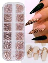 12 Grids Nail Art Decoration Pearl, Mixed Size Winter Flatback Round Half Round Champagne Pearls Nail Part DIY Stone For Women Girl Manicure Decor Nail Charms Nail Gems Nail Supplies Champagne    PET Animal 3D Decoration   Nail,Hand & Foot Care, size features are:Bust: ,Length: ,Sleeve Length: