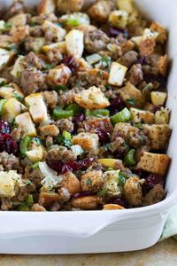 All of the flavors of fall come together in this Apple Cranberry and Sausage Dressing for the perfect holiday dressing recipe.